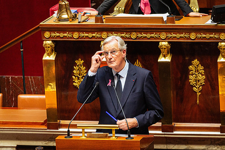 French Prime Minister Michel Barnier speaks during the National Assembly. At the opening of the ordinary sessions of the National Assembly, Prime Minister Michel Barnier gave a general policy speech in the hemicycle of the Palais Bourbon, in Paris.