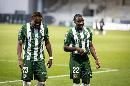 Jovany Ikanga A Ngele (L) and Ismael Sylla (R) of Red Star FC seen during the match against EA Guingamp. A French Ligue 2 match on matchday 32 between Red Star FC and EA Guingamp at Stade Bauer in Saint-Ouen, Paris, France, on 24 April 2026. The final score was Red Star FC 3–2 EA Guingamp.