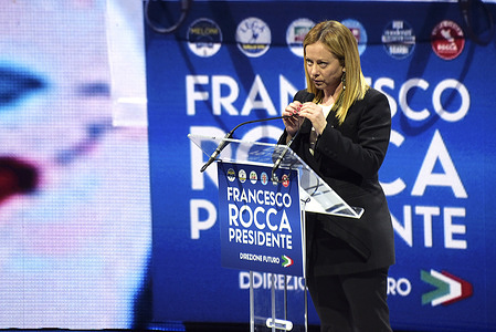 Prime Minister of Italy, Giorgia Meloni speaks during the event in support of the candidate of the right-wing coalition for the presidency of the Lazio Region, Francesco Rocca. On 12 and 13 February 2023 we vote to elect the President of the Lazio Region and the Regional Council.