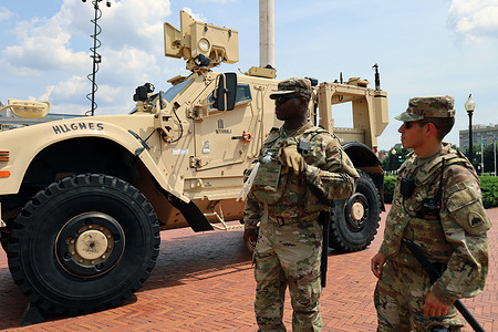 US National Guard patrol at Union Station in Washington DC on August 17, 2025. The deployment follows President Donald Trump's announcement to place the D.C. National Guard to help prevent crime in the capital.