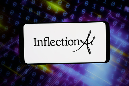 In this photo illustration, the logo of US technology company Inflection AI Inc. is displayed on a smartphone in front of abstract background on computer screen.