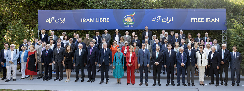 International statesmen, lawmakers, and dignitaries pose for a group photo with Maryam Rajavi, President-elect of the National Council of Resistance of Iran (NCRI), during the Free Iran 2026 Global Summit in Auvers-sur-Oise, France. The Free Iran 2026 Global Summit brought together international lawmakers and supporters of the National Council of Resistance of Iran (NCRI) in Auvers-sur-Oise, France, to express support for democratic change in Iran. Speakers called for increased pressure on the Iranian government, including the designation of the Islamic Revolutionary Guard Corps (IRGC) as a terrorist organization, and backed NCRI President-elect Maryam Rajavi's Ten-Point Plan.