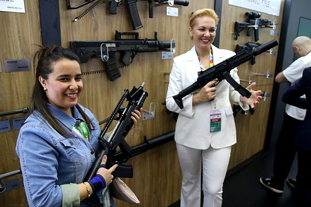 Participants hold weapons at the Russia–Africa Second Summit Economic and Humanitarian forum 2023 in Saint Petersburg. A presentation of Russian-made weapons such as Kalashnikov assault rifles, PPK-20 Machine guns, AK-201 Submachine Gun, and Lebedev modular pistols is held at the Russia–Africa Second Summit Economic and Humanitarian Forum 2023 in Saint Petersburg. MPL All weapons are made in Russia.