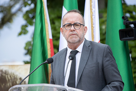 Herve Saulignac, French MP, seen addressing the rally. Supporters of the National Council of Resistance of Iran (NCRI) and Franco-Iranian associations organize a rally to demand an end to executions in Iran at the Esplanade des Invalides, Paris. Protesters denounce over 1,145 executions since Iranian regime President Massoud Pezeshkian took office in July 2024, chanting against both the mullahs' dictatorship and the fallen monarchy.
