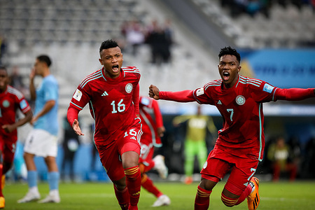 Oscar Cortes (L), and Jorge Cabezas Hurtado (R) of Colombia celebrate a goal during a match between Israel and Colombia as part of World Cup u20 Argentina 2023 - Group C at Estadio Unico "Diego Armando Maradona". Final score: Israel 1 - 2 Colombia