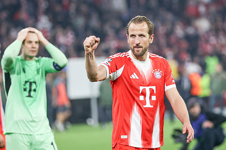 Harry Kane of Bayern Munich celebrates after scoring a goal during the UEFA Champions League 2025/2026 match between Bayern Munich and Real Madrid at Allianz Arena. FInal Score; Bayern Munich 4:3 Real Madrid.