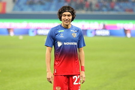 Mingiyan Beveev (22) of Russia seen during the BetBoom friendly soccer match between Russia Vs Peru at the Gazprom Arena. Final score Russia 1 : 1 Peru