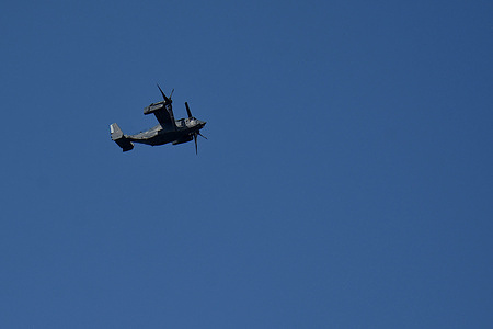 A Bell Boeing V-22 Osprey plane seen flying.