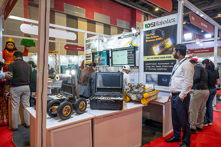 DSI Robotics showcase a robotic vehicle equipped with a camera, capable of inspecting sewage pipelines, during the Municipalika 2026 International Exhibition and Conference at Bharat Mandapam, New Delhi. Municipalika 2026 is the 18th edition of India’s longest-running international exhibition and conference focused on safe, smart, and sustainable urban solutions. It serves as an important platform for discussions on urban transformation, where policymakers, innovators, and industry leaders come together to promote collaboration and practical solutions for building strong and future-ready cities.