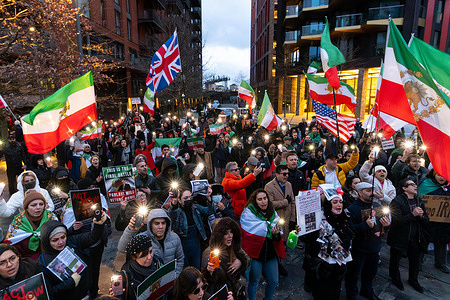 Hundreds of protesters with placards and Iranian flags gather during the rally. Members of the Iranian diaspora gathered outside the US Embassy in London following recent anti-government protests in Iran, calling on US President Donald Trump to help bring an end to the Islamic Republic. Demonstrators voiced support for regime change and demanded international backing for the return of Shah Pahlavi and the restoration of the monarchy, waving Iranian flags and chanting anti-government slogans.