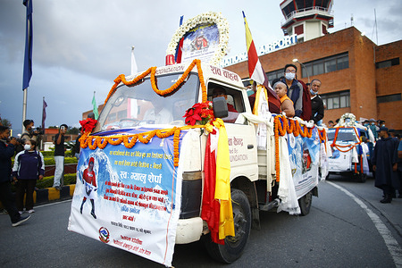 The vehicle seen carrying a coffin containing the body of Nepali mountaineer Gyalu Sherpa, heading towards the cremation site at Tribhuvan International Airport. The three climbers were among 10 people killed in an avalanche on Broad Peak in Pakistan on July 30. Their bodies were repatriated to Nepal and handed over to their families for final rites.