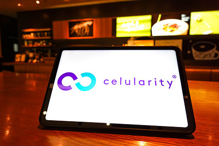 In this photo illustration, the Celularity logo is displayed on the screen of a tablet.