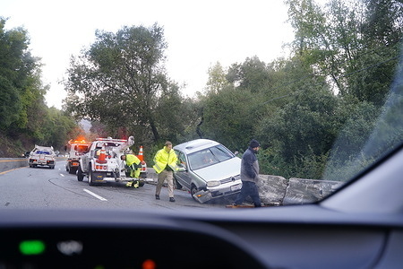 A car crashed at Highway 17 during the storm. Powerful storm systems have slammed California since December 2022, with thousands of people impacted due to the the power outages, road closures, downed trees, landslide and flooding. The storm already caused at least twenty death in California with many injured. A state of emergency was declared in California Joe Biden due to the storm.He will visit the devastated areas of California on January 19.