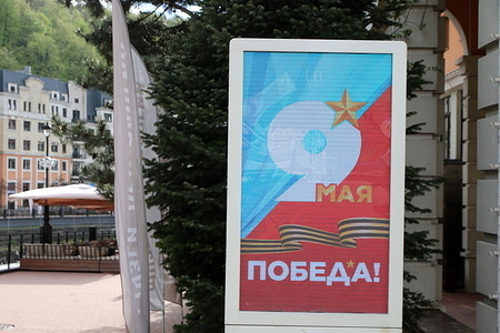 The inscription on May 9, Victory on the electronic billboard in the Rosa Dolina in the Rosa Khutor resort, on the eve of the celebration of the 81st anniversary of Victory in the Great Patriotic War.