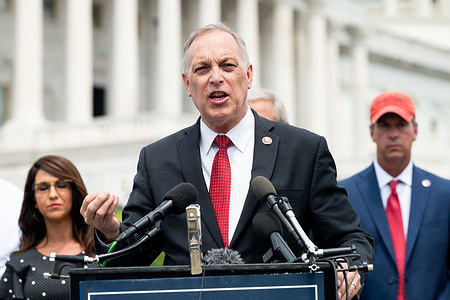 U.S. Representative Andy Biggs (R-AZ) speaks at a press conference where members of the House Freedom talked about expelling members, specifically Liz Cheney (R-WY) and Adam Kinzinger (R-IL), from the House Republican Conference.