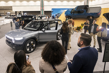The New 2026 Rivian R2 seen displayed at the LA Auto Show.