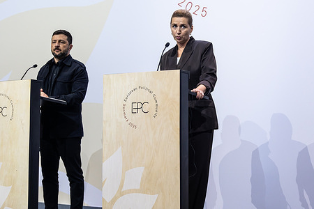 President of Ukraine Volodymyr Zelenskyy (L) and Prime Minister of Denmark Mette Frederiksen (L) hold a joint press conference during the European Political Community (EPC). Denmark is hosting the seventh meeting of the European Political Community (EPC), a platform for informal political and strategic dialogue. The gathering brings together European heads of state or government with leaders of key European and international institutions to promote cooperation and strengthen security, stability, and prosperity across the continent.