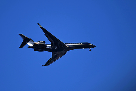 View of a Bombardier Global 7500 Private 9H-MAX plane arriving at Marseille Provence Airport.