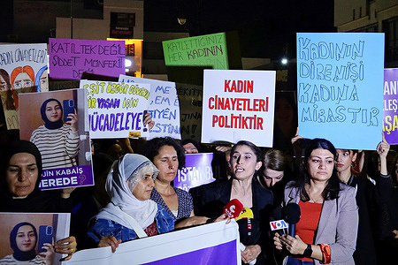 Peoples' Equality and Democracy Party (DEM Party) Diyarbakir MP Ceylan Akca Cuppolo (R2) is seen speaking at the protest. Dozens of protesters gather to protest against the rising number of femicides. The protest was organized by the Dicle Amed Women's Platform, Diyarbakir Network for Combating Violence, Free Women’s Movement (TJA), and several political parties. Thousands of women also participated in simultaneous protests across various cities in Turkey.