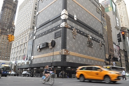 The Louis Vuitton flagship store is covered by temporary luggage designs as the building is under renovation in Manhattan, New York City.