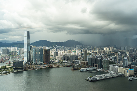 View of the skyline and buildings in the business district of Hong Kong.