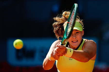 Mirra Andreeva plays against Hailey Baptiste of the United States (not in view) during the Women’s Singles semi-final match at the 2026 Mutua Madrid Open at La Caja Magica. Victory of Mirra Andreeva 6-4, 7-6