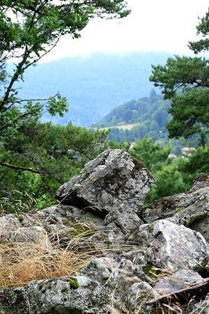 View of rocks which used to build walls between 2500 and 500 BC near the Chapelle Saint Sabin in the commune of Veranne, Pilat Regional Natural Park, Loire Valley, France.