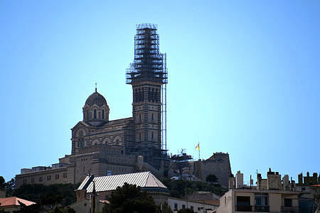 View of Notre-Dame de la Garde under construction. 400 tonnes of scaffolding were installed for the renovation of Notre-Dame de la Garde.