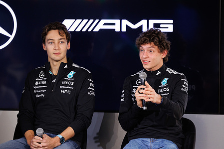 George Russell of Great Britain (L) and Andrea Kimi Antonelli of Italy (R) and the Mercedes-AMG PETRONAS Formula one team seen during the Media Kick off event ahead of the F1 Grand Prix of Australia at the Albert Park Grand Prix Circuit.