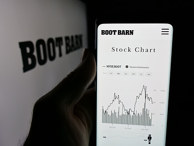In this photo illustration, a person is holding a smartphone with the webpage of US retail company Boot Barn Holdings Inc. on screen in front of logo.