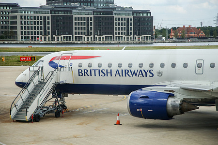 A British Airways aircraft on tarmac at London City Airport.