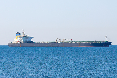 View of the ghost oil tanker "Deyna" travelling. The oil tanker "Deyna", suspected to belong to the Russian clandestine fleet, was boarded by the French Navy and escorted to the Gulf of Fos, near the oil terminal of the port of Marseille-Fos.