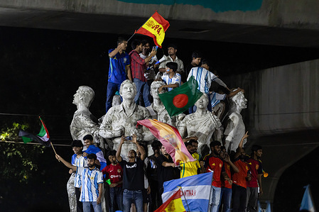 Bangladeshi football fans seen during a live public screening at Dhaka University of the FIFA World Cup 2026 semi-final match between Argentina and Spain. Final scores: Spain 1-0 Argentina
