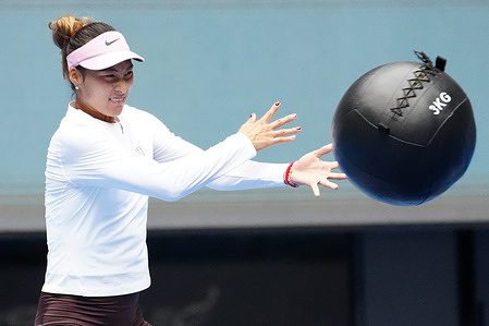 Qinwen Zheng of China seen in action during a practice session ahead of China Open at the National Tennis Center.