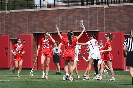 Midfielder Ava Chiarella (6) of Rutgers Scarlet Knights celebrates scoring a goal during a Women’s Lacrosse game at Rawlinson Stadium on March 28, 2026 in Los Angeles, California.