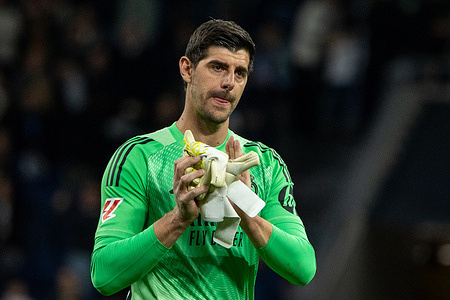 Thibaut Courtois, Real Madrid goalkeeper seen in action during the EA SPORTS La Liga 2025-2026 match between Real Madrid and Elche at Santiago Bernabéu Stadium. Final score: Real Madrid 4 - 1 Elche.