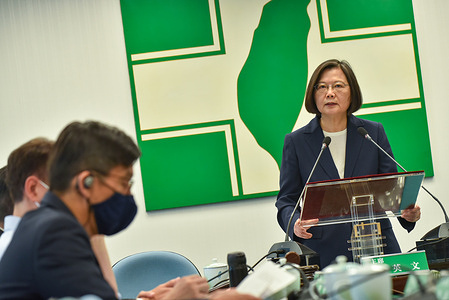 President Tsai Ing Wen during a press conference at democracy progressive party headquarter. 
Taiwan President Tsai Ing Wen criticises Hong Kong government over recent arrests of Jimmy Lai and Agnes Ting Chow which undermine Hong Kong's democracy. President Tsai appeals to all leaders to stand up for Hong Kong's freedom and democracy.