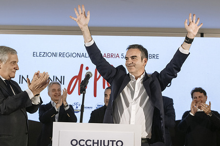 Antonio Tajani (L), Deputy Prime Minister and Roberto Occhiuto (C) Governor of Calabria seen celebrating. The centre-right wing party Forza Italia (FI) won as first party in the regional elections in Calabria with 18% votes. Roberto Occhiuto (FI), was re-elected as the Governor of Calabria region. He celebrated with Deputy Prime Minister, Minister for Foreign Affairs Antonio Tajani (FI) and party members at Hotel Marechiaro.