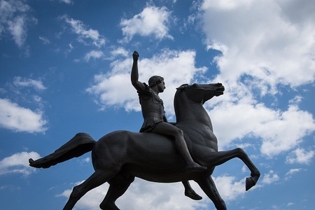 A statue of a young horse rider, Alexander the Great, work of the sculptor by Giannis Pappas (1913-2005) seen erected on the crossroad between Vasilisis Olgas Avenue and Amalias in Athens.
