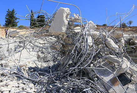 Rubble of a Palestinian home demolished by Israeli bulldozers in the village of Anza, south of Jenin in the West Bank, is visible. The Israeli bulldozers demolished the Palestinian home, located in Area B, which is under the administration of the Palestinian Authority headed by Mahmoud Abbas in the West Bank. The Israeli government seeks to seize control of land in the West Bank.