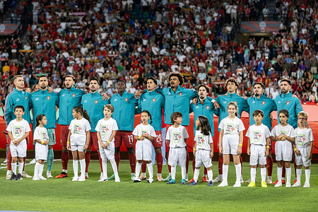 Portugal team line up for the national anthem during the UEFA Nations League match between Portugal and Wales at estadio de Alvalade stadium. Final score: Portugal 1-0 Wales