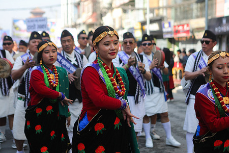 People from the Gurung community dance in their traditional attire at the parade to mark their New Year known as Tamu Losar. Every year in the Nepali month of Poush (December), the Gurung community celebrates Tamu Losar, their New Year, with great enthusiasm, following their traditional calendar system, Tamu Sambat. Women from the Gurung community, dressed in traditional attire, participate in parades to mark this vibrant festival.