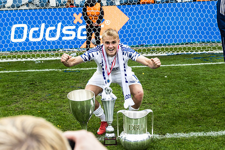 Victor Froholdt (17) of F.C. Copenhagen celebrates after the DBU Oddset Cup Final match between F.C. Copenhagen and Silkeborg IF at MCH Arena. F.C. Copenhagen 3 - 0 Silkeborg IF