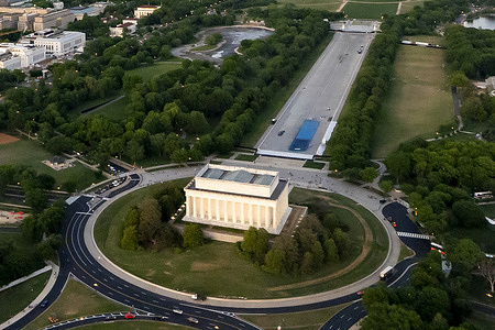 New blue paint in the Reflecting Pool is seen from above