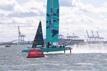 Team U.S. SailGP boat races in Race 3 during Mubadala New York Sail Grand Prix at New York Harbor in New York City.