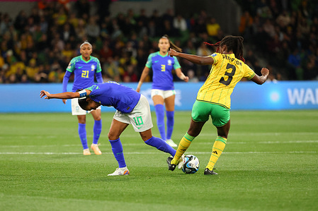 Marta Vieira da Silva of Brazil (L) and Vyan Sampson of Jamaica (R) in action during the FIFA Women's World Cup Australia & New Zealand 2023 Group match between Jamaica and Brazil at Melbourne Rectangular Stadium.
The game ended in a draw 0-0. Jamaica reached the knockout phase of the Women's World Cup, sending Brazil.