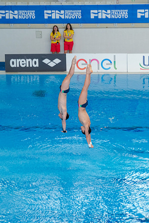 Riccardo GIovannini (L) and Davide Barberi (R) during the Italian Absolute Indoor Open Diving Championships – Synchronized 10m Platform Final at the Piscina Monumentale.