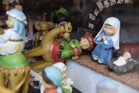 Dolls for sale at a trade stand of the 25th Bethlehem nativity doll Fair in Seville, Spain. Setting up a nativity scene at home is a popular tradition during Christmas in villages and cities around the country.
