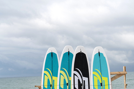 Surfboards waiting to be hired by tourists are seen on the beach in Batumi on the Black Sea coast of Georgia.
