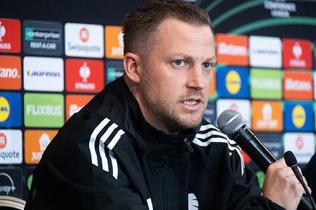 F.C. Copenhagen's head coach Jacob Neestrup attends a press conference prior to the UEFA Conference League 2024/25 Round of 16 between F.C. Copenhagen and Chelsea FC at Parken Stadium.